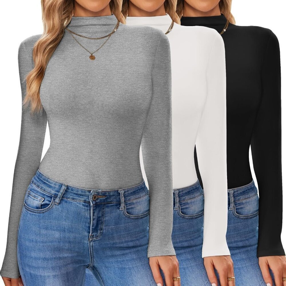 3 Pack Women Long Sleeve Turtleneck Shirts Slim Fit Mock Neck Tops